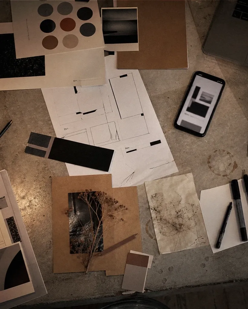 Moodboard mit Farbmustern, Materialien und einem Smartphone-Mockup