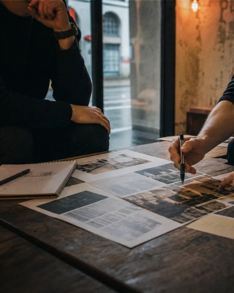 Zwei Personen arbeiten an einem Tisch an Skizzen und Layouts